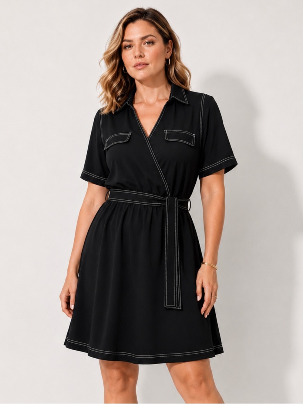 Vince Camuto Faux Wrap Collared Shirt Dress Belted Contrast Stitch Black M NEW